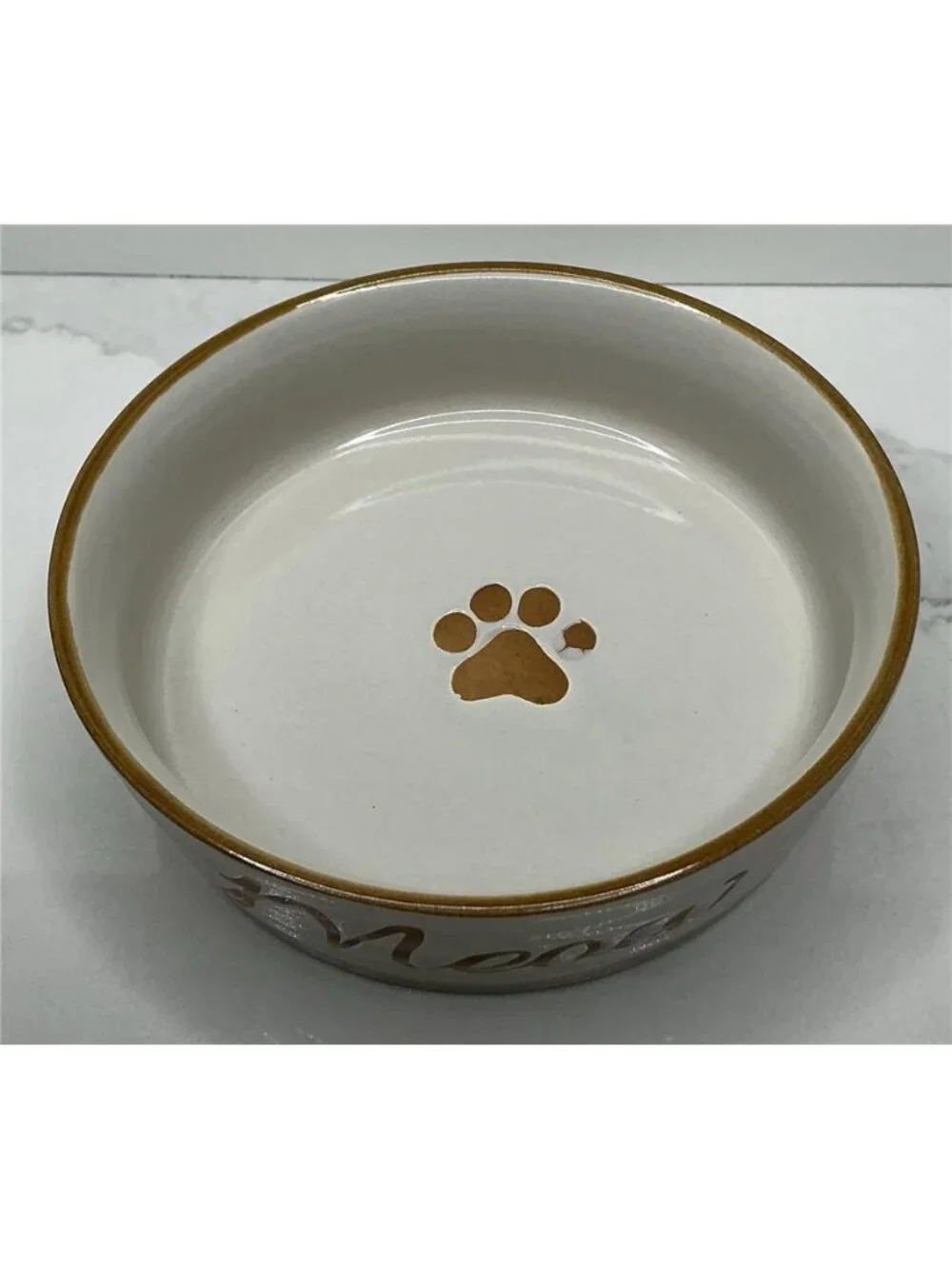 Spectrum Designz Cat Dish Ceramic Pet Bowl Tan Meow Paw Fifi Elegant 4.9” New